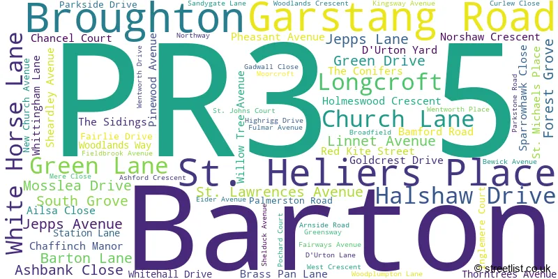 A word cloud for the PR3 5 postcode
